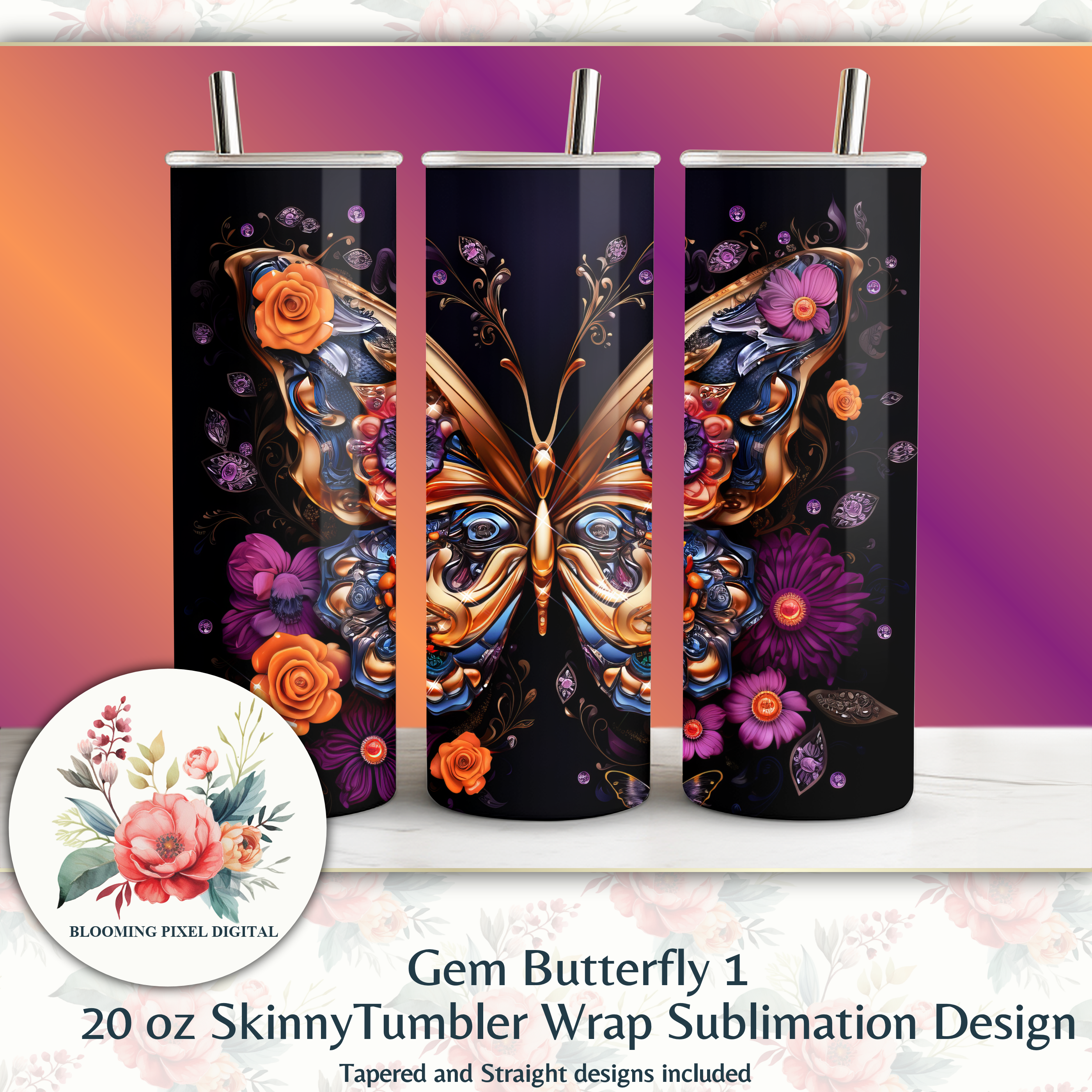 Purple Butterflies tumbler sublimation design