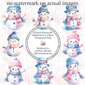 Christmas Pastel Watercolor Snowmen Clipart PK1