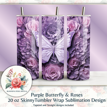 3D Purple Butterfly and Roses Seamless Tumbler Wrap PK1