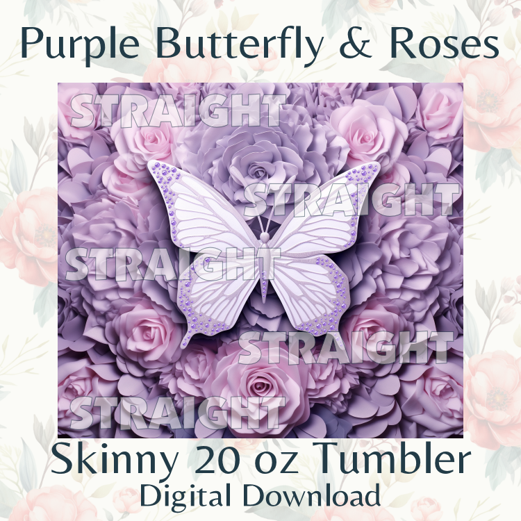 3D Purple Butterfly and Roses Clipart Tumbler Wrap