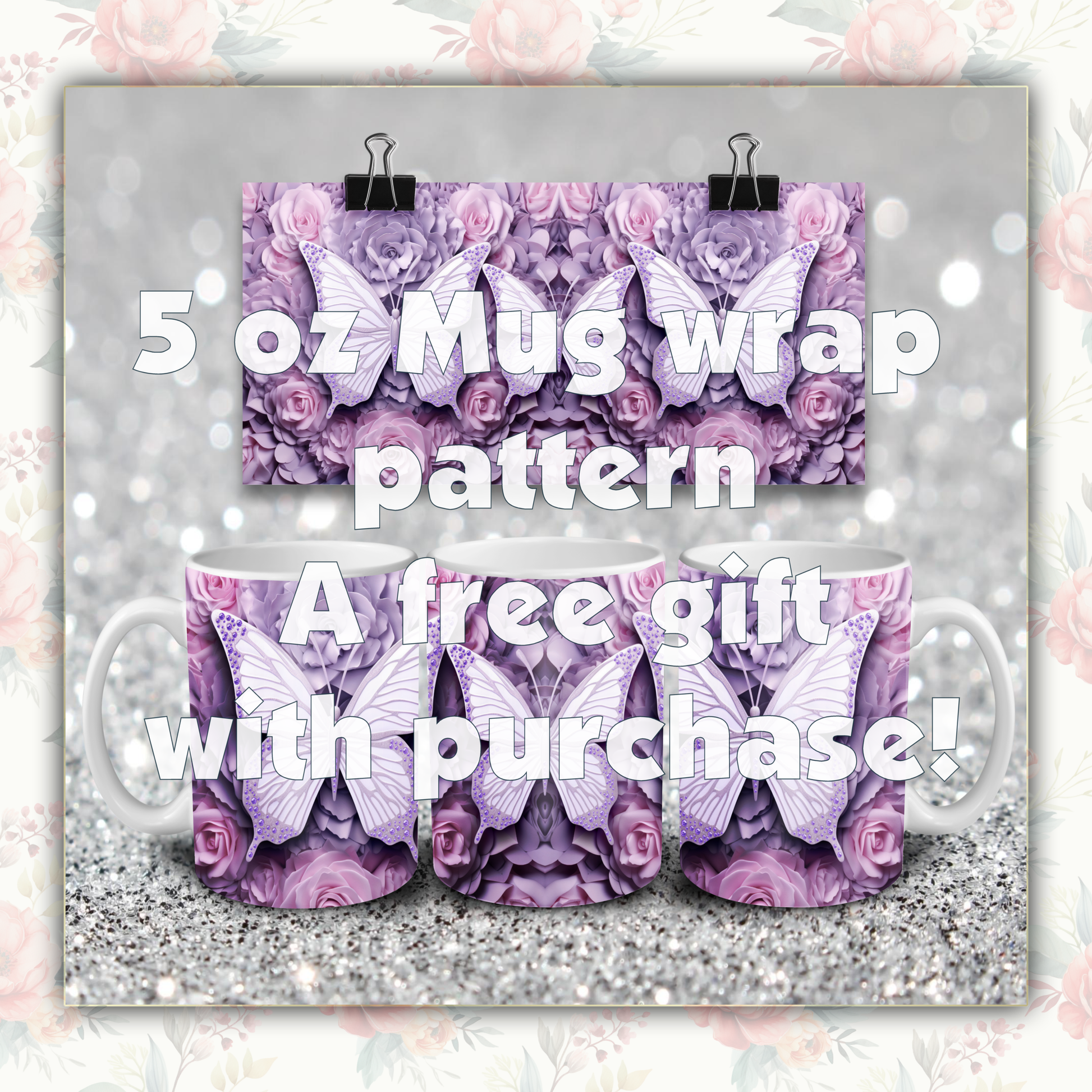 3D Purple Butterfly and Roses Clipart Mug Wrap