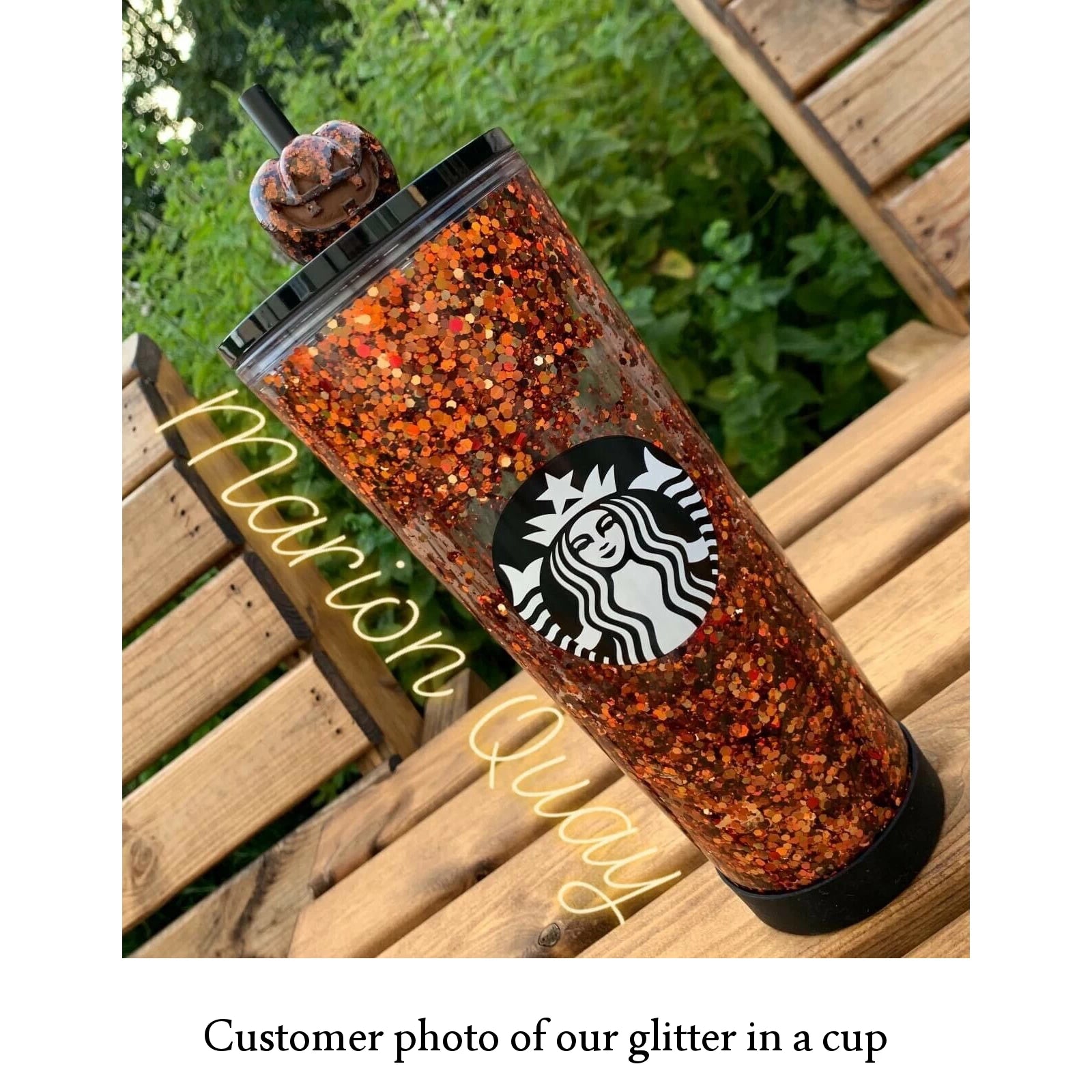 Customer photo of our orange holographic glitter used in a cup