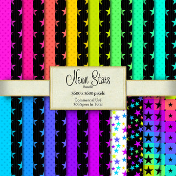 Digital Neon Rainbow Stars Paper Clipart