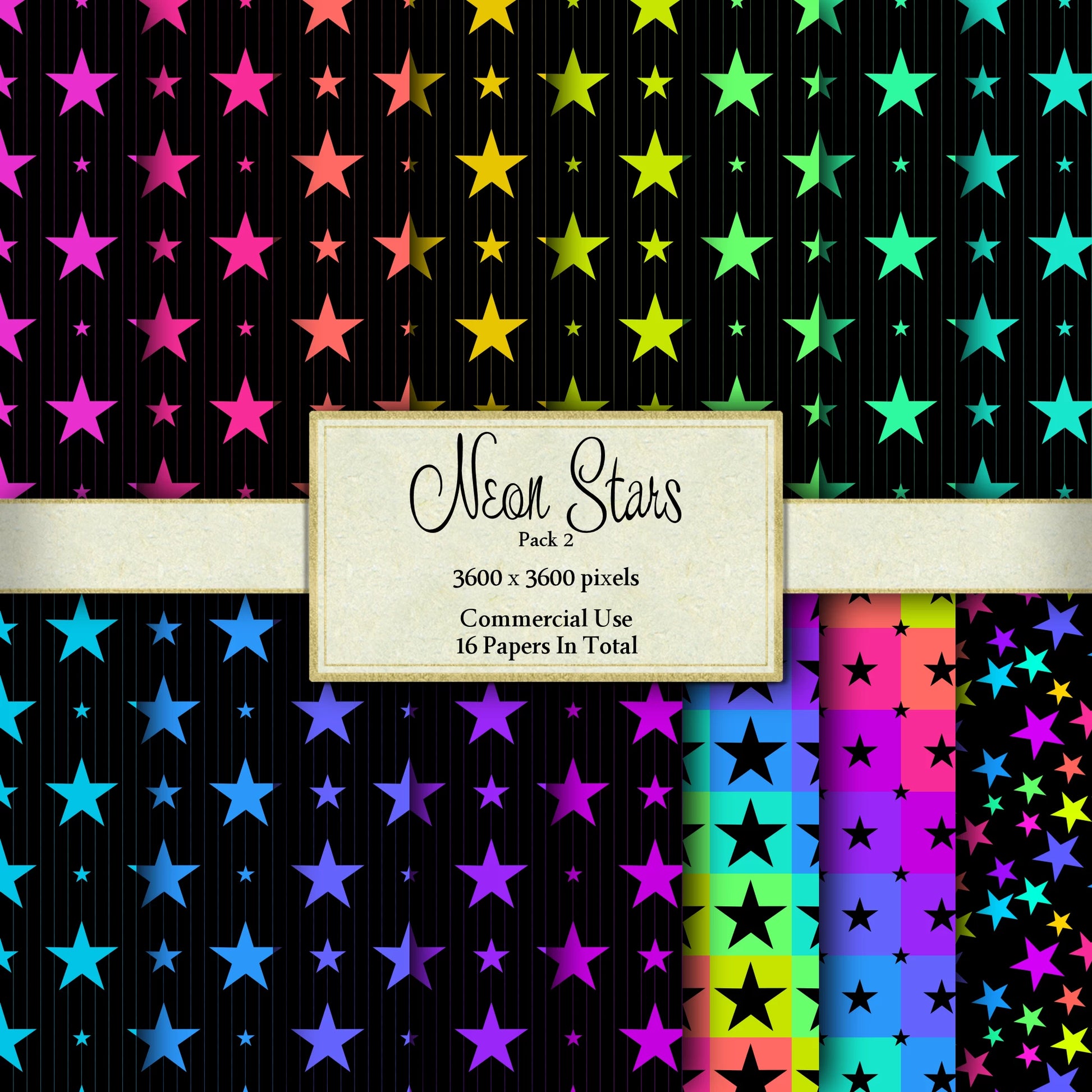 Digital Neon Rainbow Star Papers By Crazoulis Glitter
